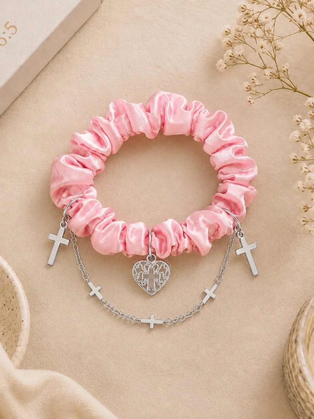 Pink Satin Cross Charm Scrunchie Bracelet - Kids Accessories